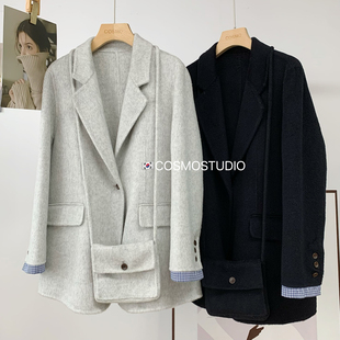 新款 韩国东大门短款 双面羊毛呢子大衣外套女带包包宽松2025冬季