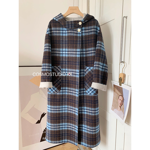 韩国东大门蓝色格子连帽双面羊绒毛呢大衣外套女长款宽松韩版24冬