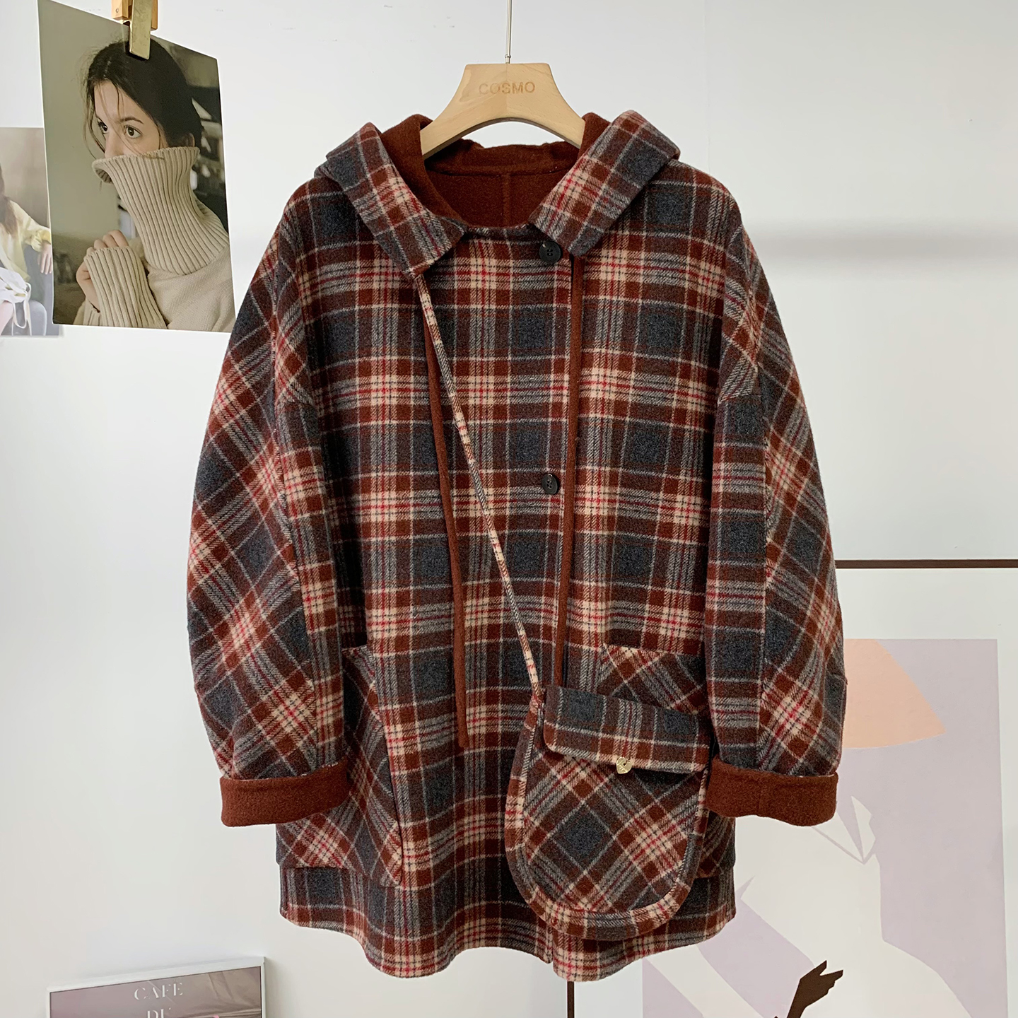 韩系~红灰格子连帽羊毛外套