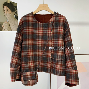 韩国东大门复古格子双面羊毛呢子大衣外套女短款 带包包2025秋冬新
