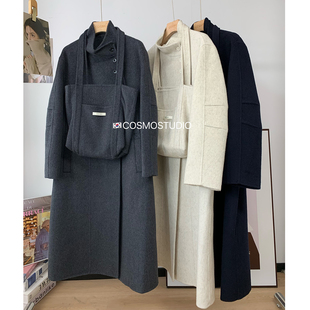 韩国东大门立领双面羊毛呢子大衣外套女中长款 加厚带包包宽松显瘦