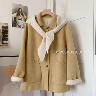 韩国东大门针织披肩连帽黄色双面羊绒毛呢大衣外套女短款宽松气质