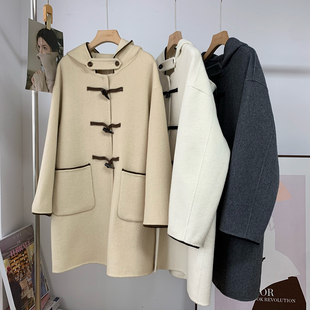 韩国东大门连帽牛角扣双面羊毛呢子大衣外套女宽松韩版 中长25冬季