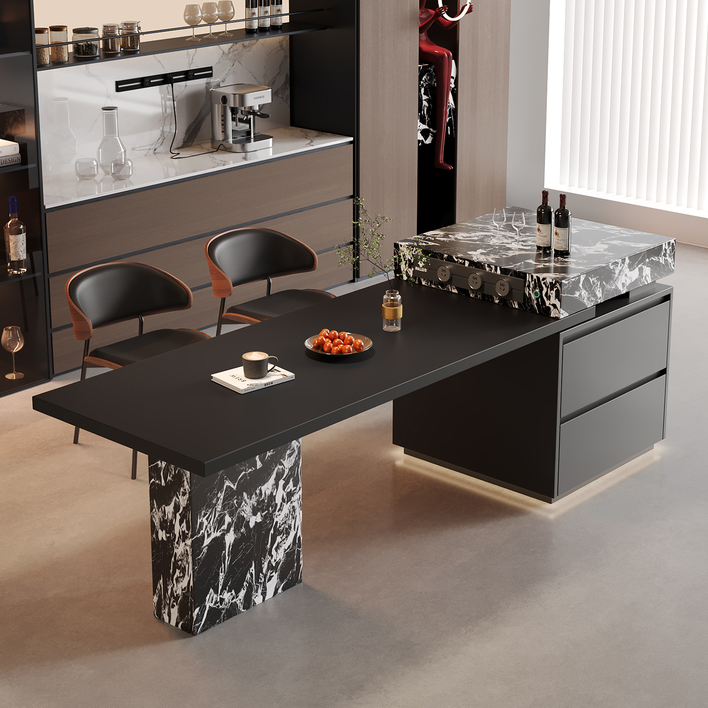 岩板餐桌椅家用中岛台餐桌一体新款高级感可伸缩厨房吧台桌子