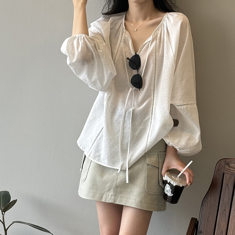 2025夏季新款韩版宽松系带灯笼袖衬衫女设计感小众休闲娃娃衫上衣