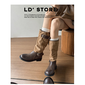 靴子女长筒靴2025新款 真皮 马思纯同款 拼接褶皱西部堆堆靴骑士靴