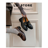 真皮厚底复古一脚蹬乐福鞋 女春季 圆头单鞋 6cm内增高 英伦风小皮鞋