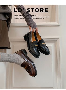 6cm内增高~真皮厚底复古一脚蹬乐福鞋女春季圆头单鞋英伦风小皮鞋