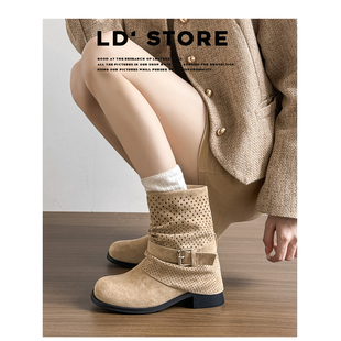 真皮~内增高美拉德短靴女2025新款棕色镂空裤管堆堆靴骑士马丁靴