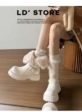 厚底增高两穿白色雪地靴女2025冬季美拉德马丁靴加绒加厚保暖棉鞋