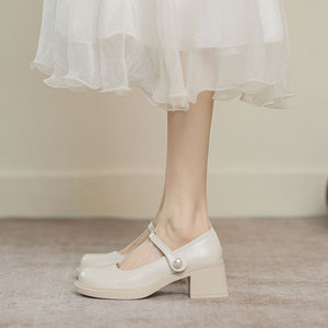 六点大叔 真皮 2023年新款高跟鞋女百搭珍珠玛丽珍粗跟单鞋小皮鞋