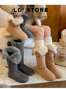 薄底雪地靴长筒女2025冬季新款两穿中筒加绒加厚平底灰色高筒棉鞋