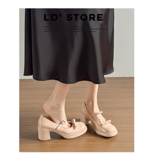 真皮~法式裸色高跟鞋女春季新款一字带小个子厚底粗跟玛丽珍单鞋