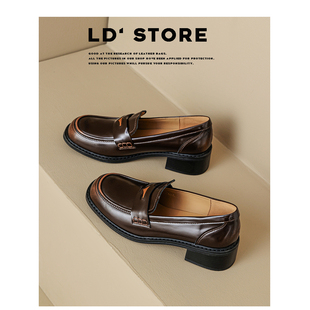 真皮~厚底复古一脚蹬乐福鞋女春季百搭粗跟圆头单鞋英伦风小皮鞋