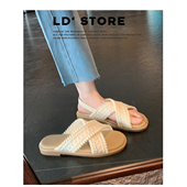 女夏外穿露趾平底沙滩凉鞋 羊皮版 波西米亚度假风交叉编织凉拖鞋