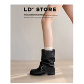 新款 羊皮版 内增高短筒靴女秋季 复古粗跟搭扣褶皱堆堆西部牛仔靴