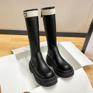 显瘦长筒骑士靴 厚底长靴女秋英伦风拼色字母款 年终福利特价