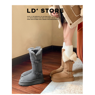 厚底雪地靴女2025冬季新款内增高长筒灰色毛毛靴加绒保暖高筒棉鞋
