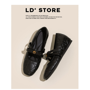 真皮~内增高菱格纹玛丽珍鞋女2026春季新款小香风山茶花平底单鞋