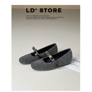 真皮~内增高灰色格雷系单鞋女2026新款小香风平底山茶花玛丽珍鞋