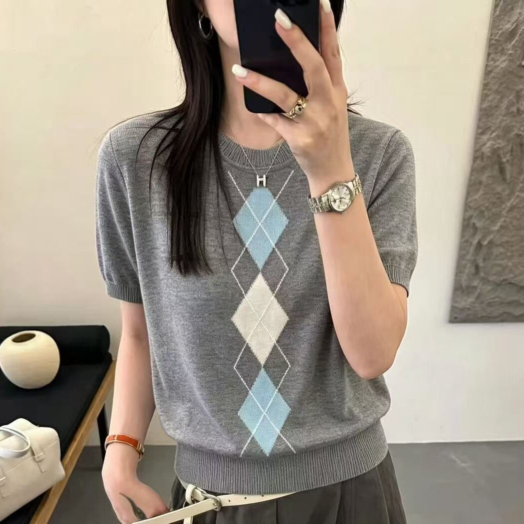 菱形方块短袖套头针织衫女202毛针织衫