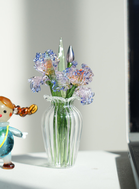 淄博琉璃手作迷你仿真鸢尾花桌面摆件微缩插花工位治愈装饰品礼物