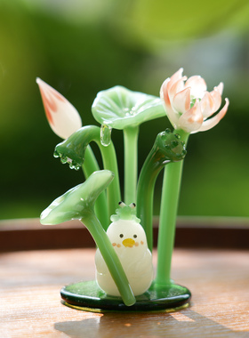 淄博琉璃手工艺品夏日荷花鸭桌面摆件仿真莲花装饰品治愈生日礼物