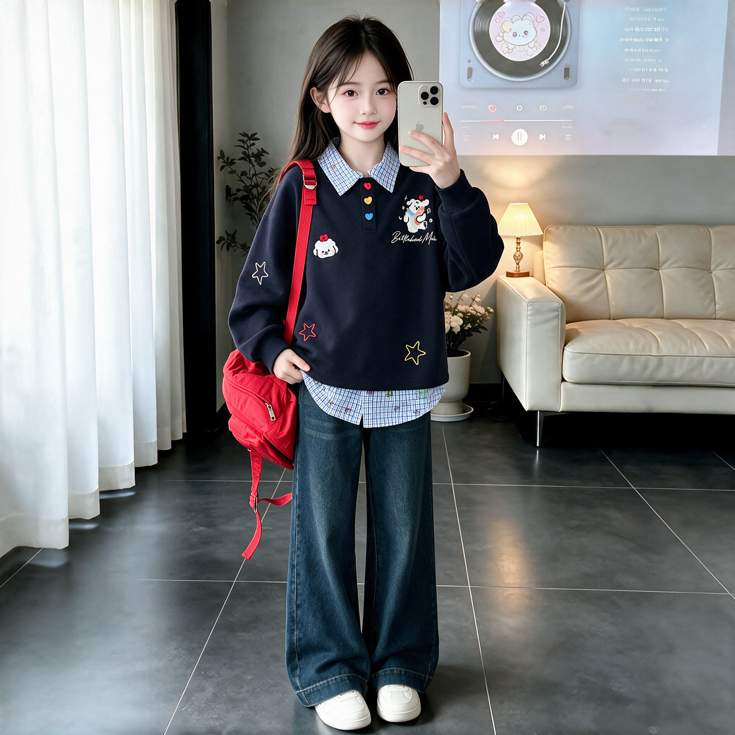 女童秋装套装2026新款韩系洋气中大童休闲格子衬衫卫衣假两件裤子