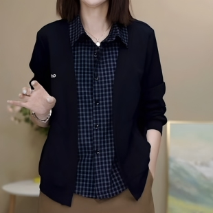 翻领格子衬衫2026秋上新时尚百搭休闲假两件卫衣中年女减龄开衫潮