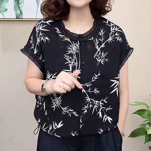 雪紡?fù)笟忾_(kāi)衫 時(shí)尚 圓領(lǐng)短袖 女2025夏新款 媽媽裝 寬松印花木耳邊上衣
