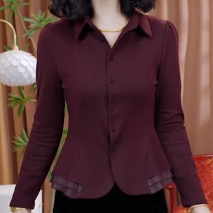 2026春秋阔太太时尚气质收腰衬衫中年女洋气荷叶边衬衣长袖开衫50