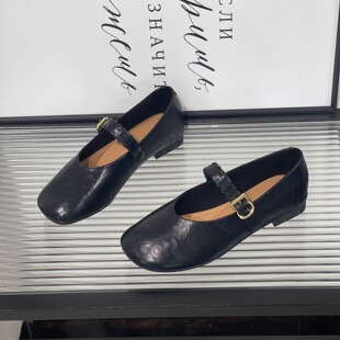 2025秋季真皮平底圆头浅口黑色皮鞋软底软面不累脚舒适玛丽珍女鞋