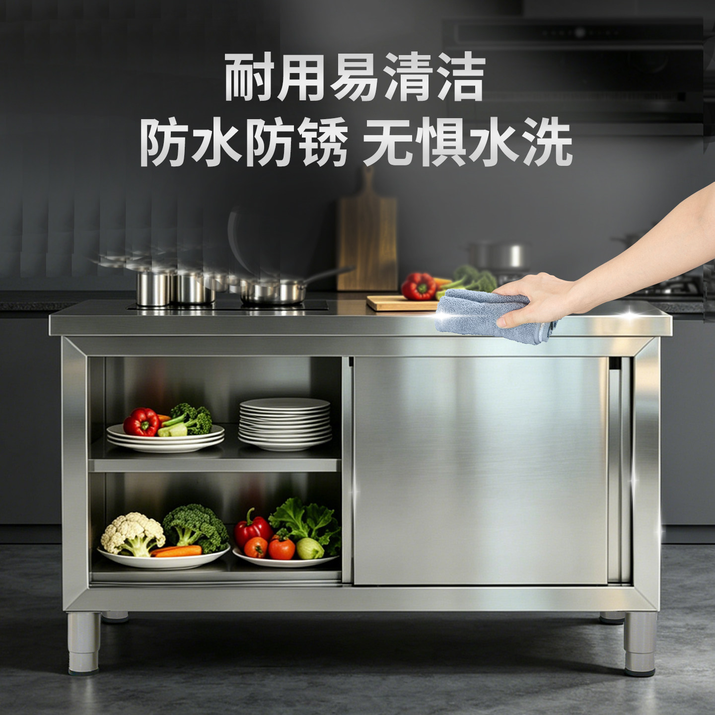 不锈钢商用拉门储物操作台菜桌子图片
