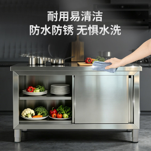 不锈钢商用拉门储物操作台菜桌子