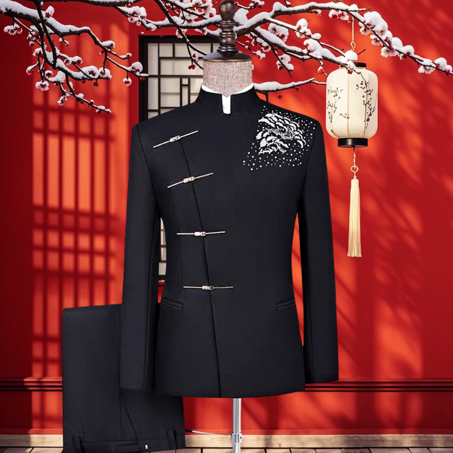 芭芃男士高端中山装中国风立领盘扣主持人礼服舞台大合唱演出服男