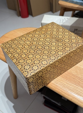 日本中古寄木细工文房文件收纳盒 24*18*9cm 变形开裂  瑕疵特价