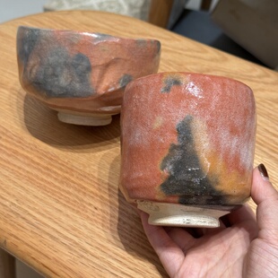 日本中古乐烧赤乐手作抹茶碗茶杯 有开片 散瓷无盒无磕碰