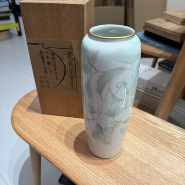 日本中古深川制稀有画片浅绿色花瓶28cm 原木盒 底部放置痕迹