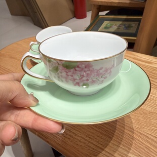 日本OKURA大仓陶园双色樱花骨瓷描金咖啡杯 约200ml 微瑕 孤品