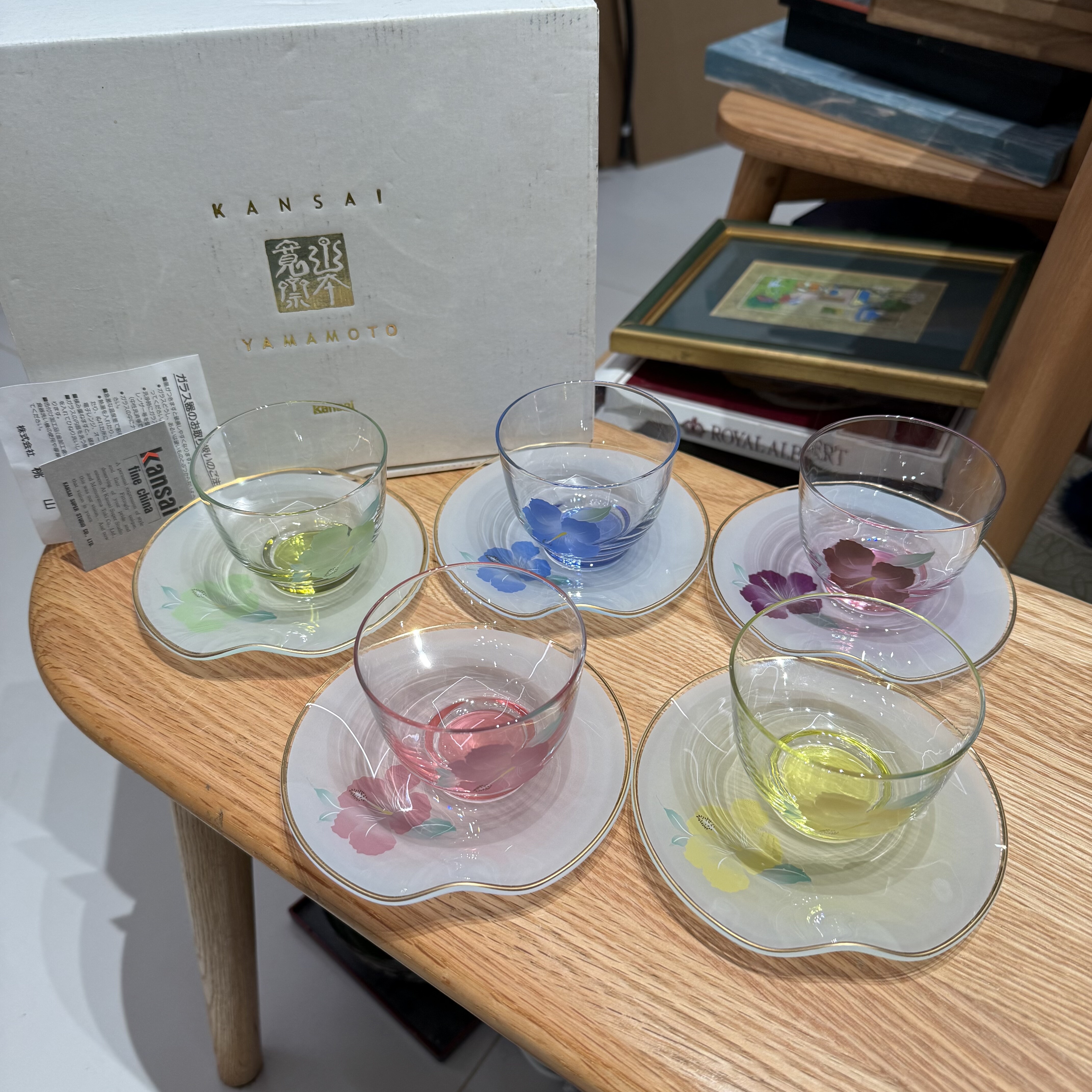 日本Kansai山本宽斋复古花卉琉璃冷茶杯 约120ml 十件套 原盒全新