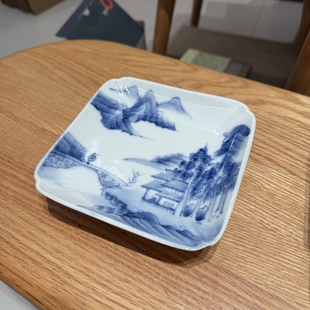 日本中古手绘青花山水侘寂风壶承小碟盘子15cm 有底款近全新 孤品
