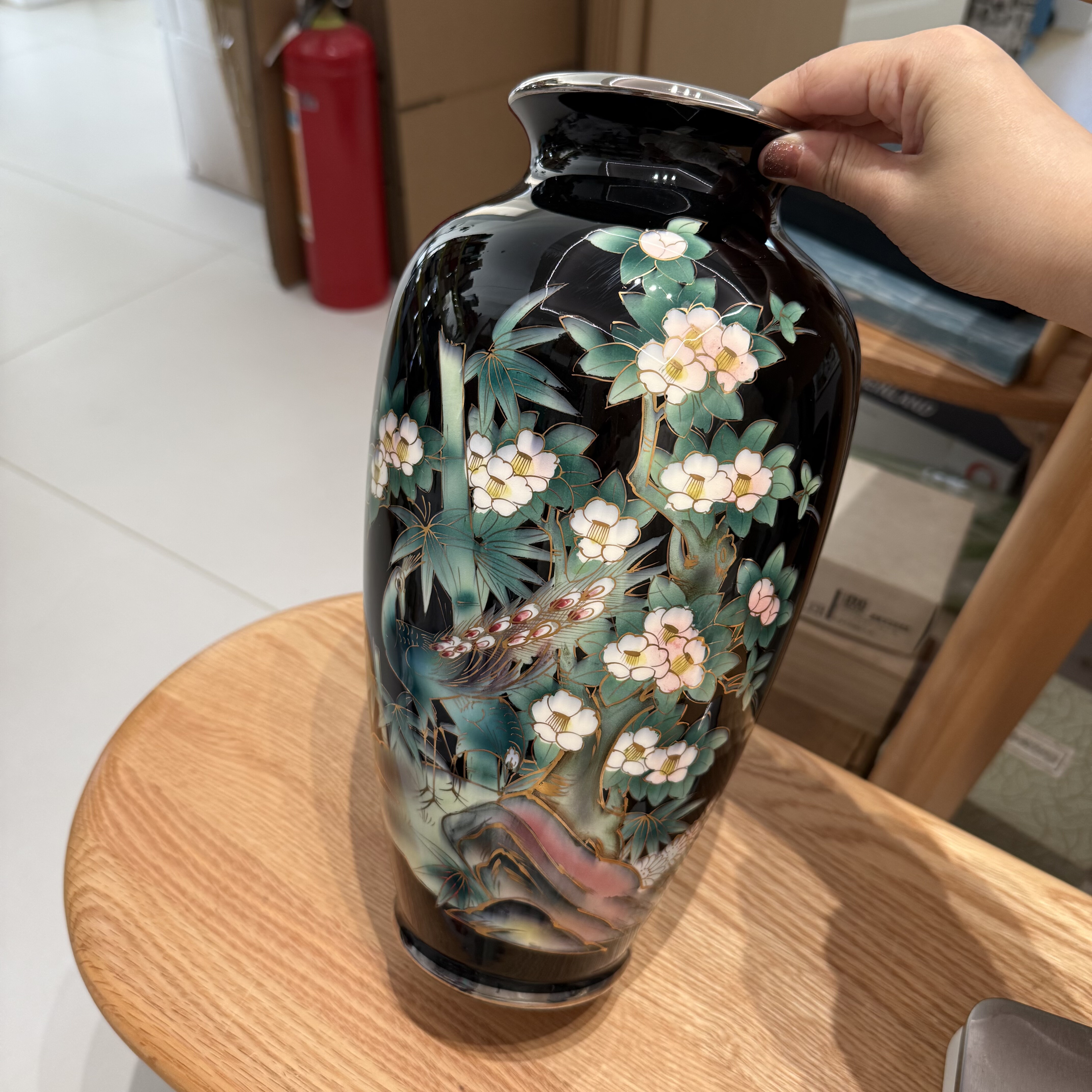 日本中古富士黑翠七宝烧瓷胎黑釉雀鸟花卉纹饰大号花瓶32cm 孤品