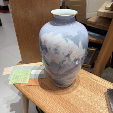 日本深川制中古色绘彩磁紫色蝴蝶兰花瓶31cm 原盒保真 稀有孤品