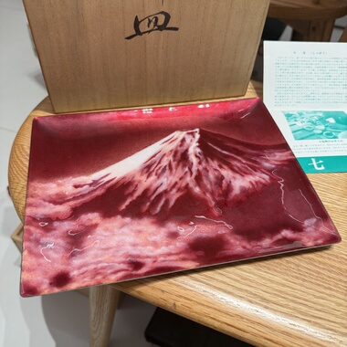 日本中古铜胎七宝烧富士山赏盘摆件装饰 原盒全新23*18cm
