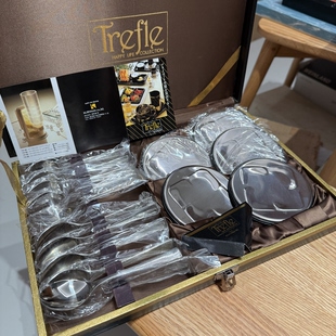 日本Trefle不锈钢18-8咖啡勺甜品果叉茶杯托15件套装