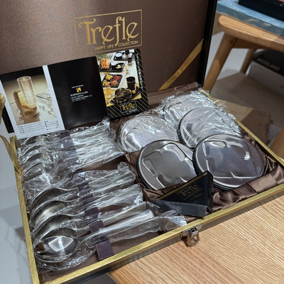 日本Trefle不锈钢18-8咖啡勺甜品果叉茶杯托15件套装