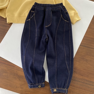 一条过冬~明线装饰加绒牛仔裤 男童秋冬加厚收口小棉裤