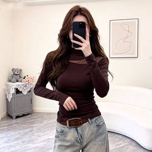半高领网纱拼接加绒磨毛长袖t恤女秋冬新款高级感修身打底衫上衣