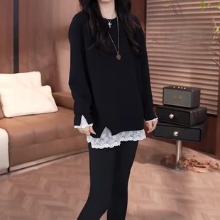欧货假两件长袖卫衣女T恤休闲中长款下摆蕾丝拼接内搭打底衫上衣