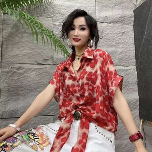 复古晕染宽松衬衣设计感显瘦衬衣 港风花印花短袖 衬衫 2025夏季 新款